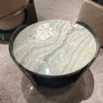 Round Marble-Top Sofa Side Table with Fan-Pattern Leather Panels, Open Shelf and Stainless Steel Trim